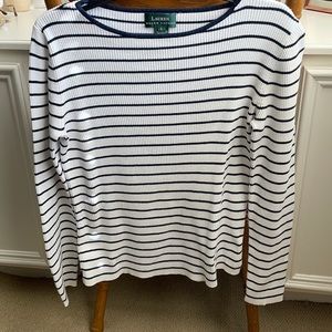 Ralph Lauren, large, off-white with navy blue stripes.